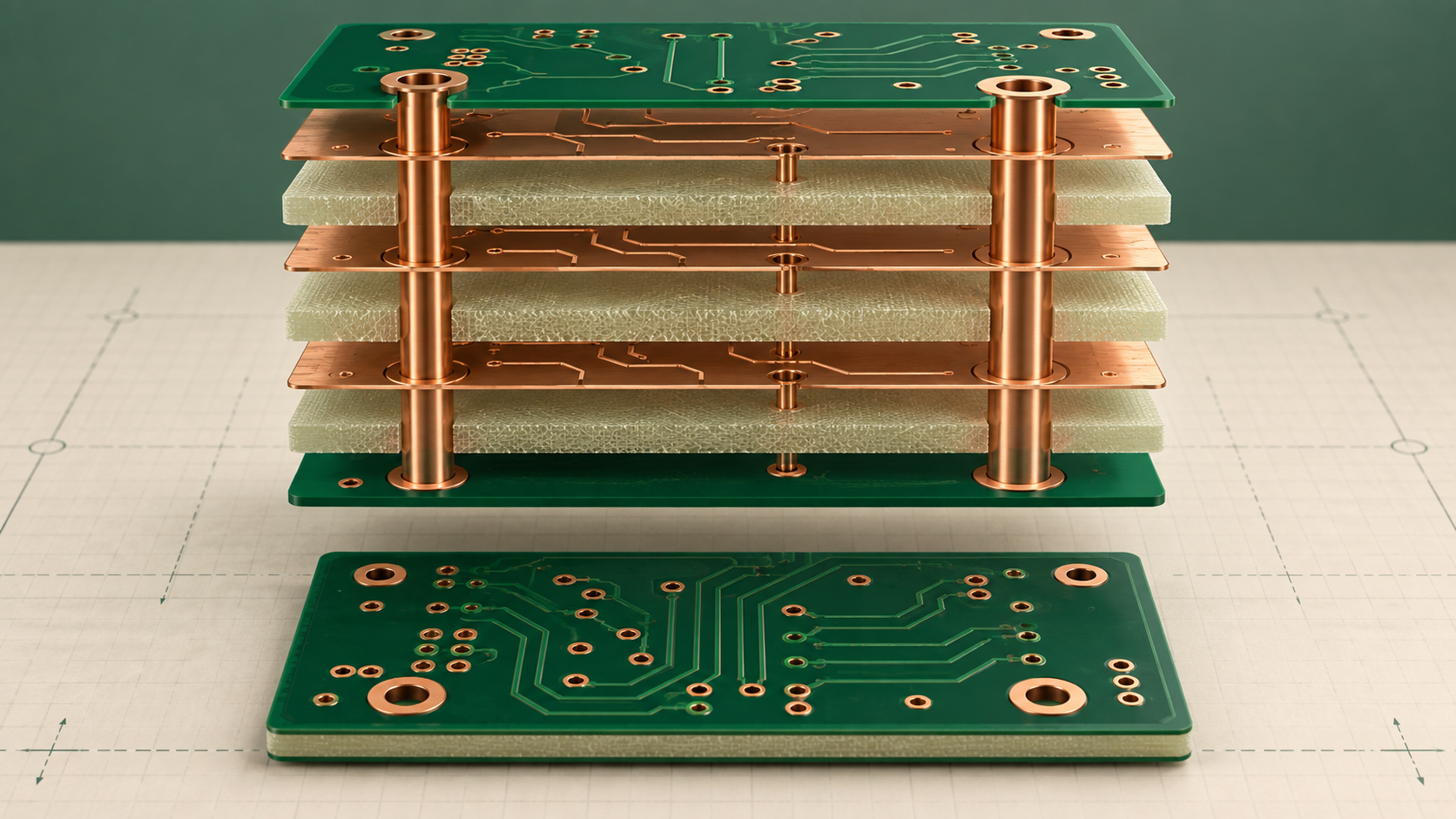 Exploded multilayer PCB stack showing copper, dielectric and plated through holes