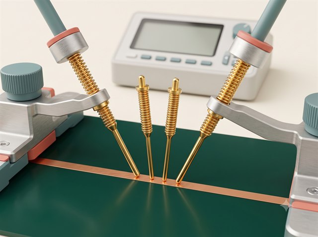 Four-probe Kelvin measurement of a copper test path.