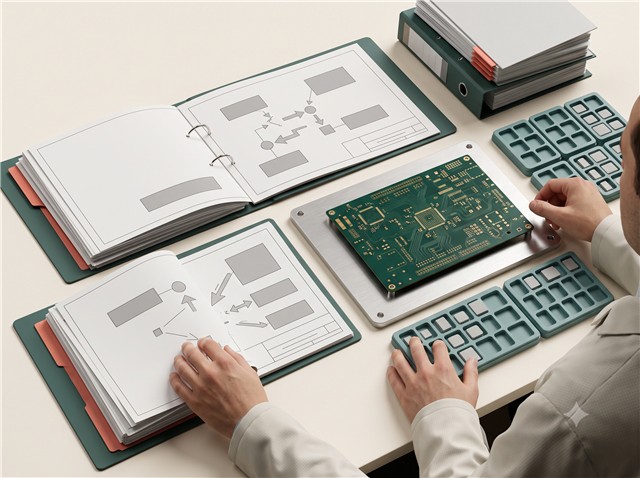 PCB assembly instruction package beside a placement fixture and organized component trays
