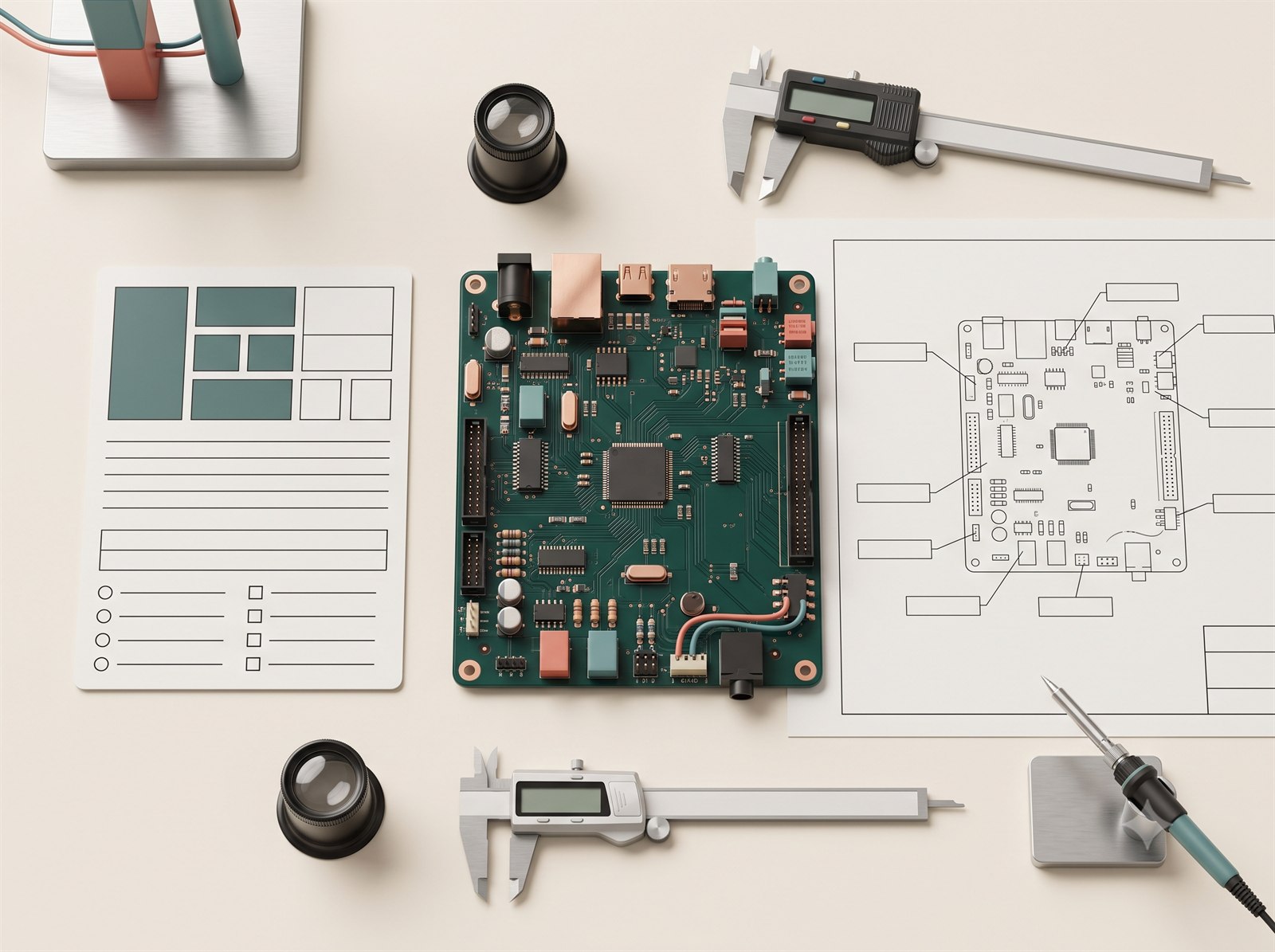 Assembly remark documentation beside a PCB