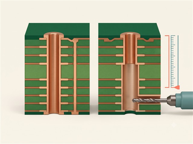 Compact PCB backdrilling cutaway showing a long stub and a controlled shortened barrel