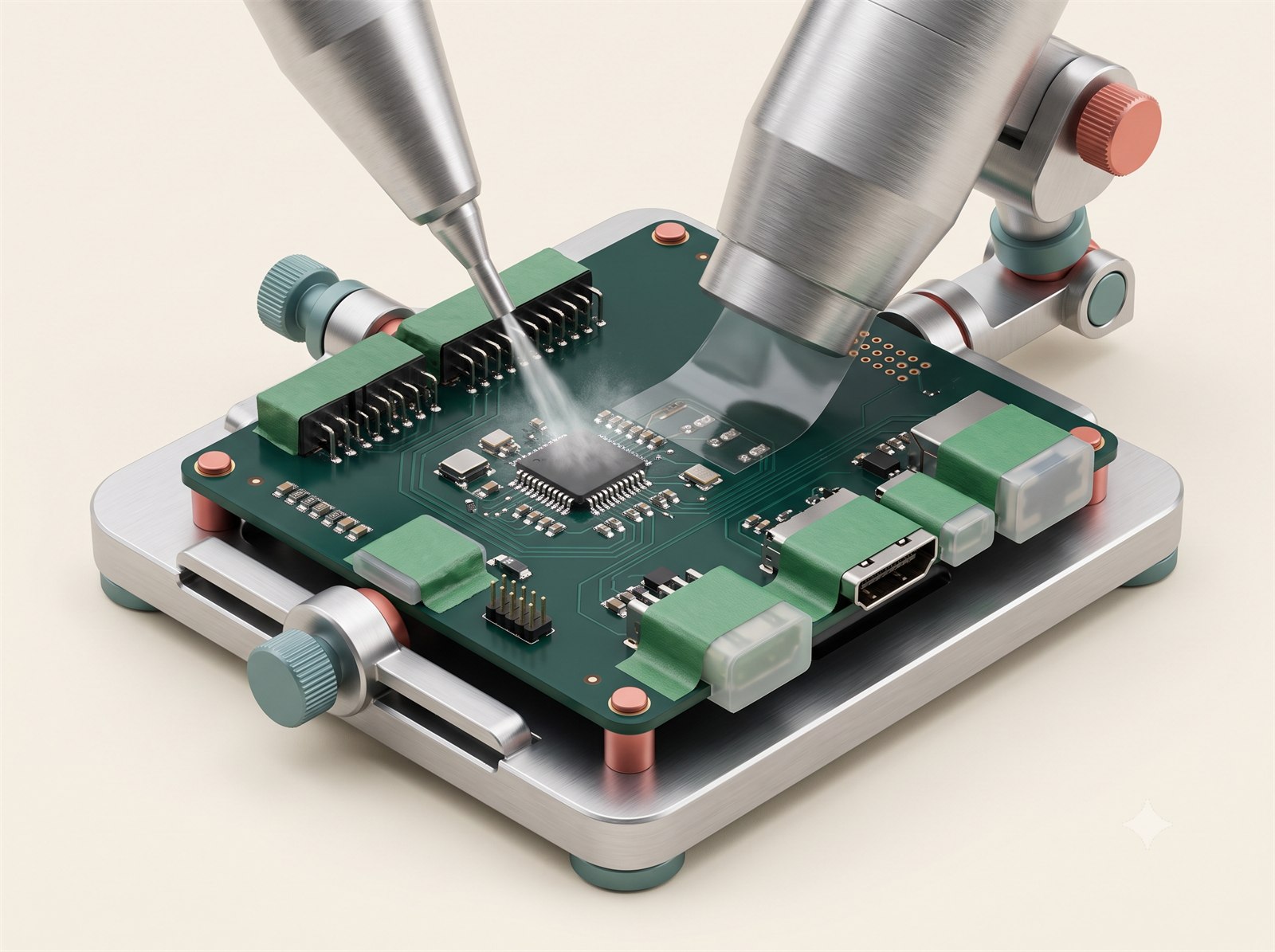 PCB assembly conformal coating with masked keep-outs and inspection