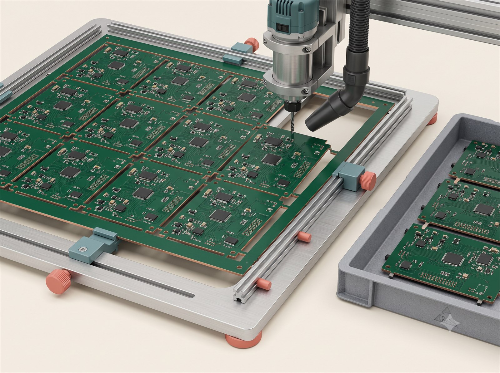 Panelized PCBs being separated from production rails
