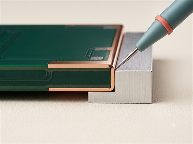 Copper wrapping a routed PCB edge against a metal chassis.