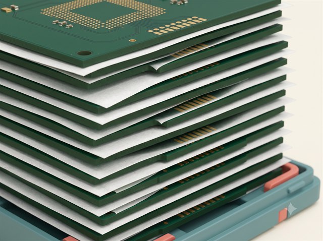 Paper interleaving sheets protecting finished PCB surfaces.