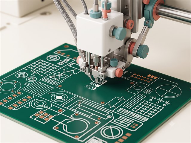 White legend printing head applying abstract PCB artwork.