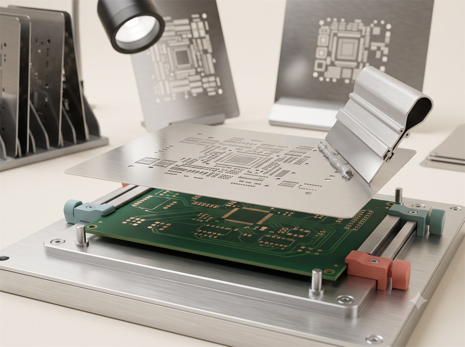 Fine-pitch solder stencil aligned over a PCB