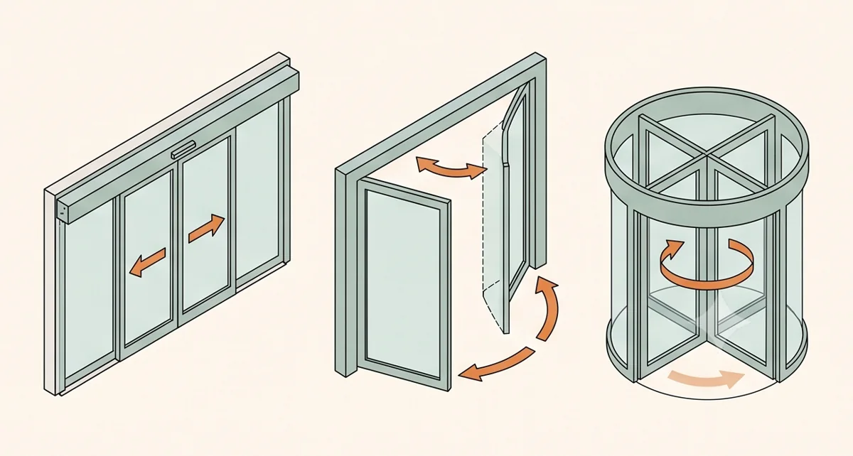 Illustration comparing sliding, swing and revolving door movement