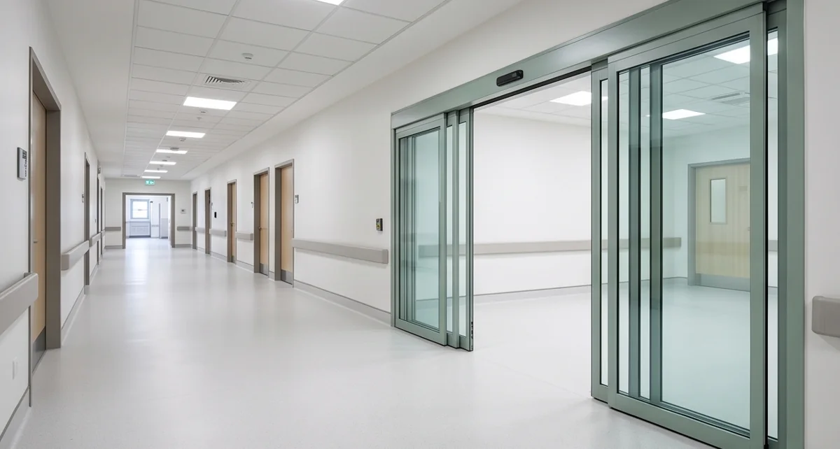 Illustrative telescopic sliding glass doors in a clinical corridor