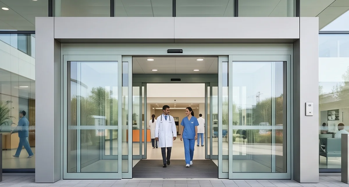Illustrative automatic sliding glass entrance at a hospital