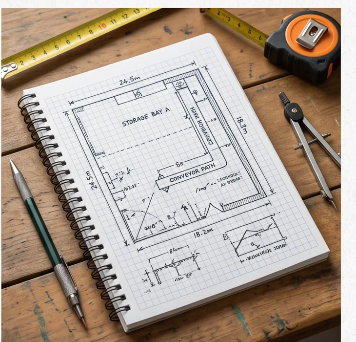 Site survey sketch showing measurements for an automation installation