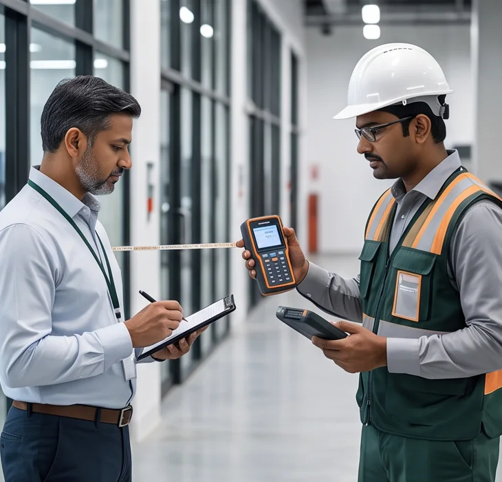 Engineer and facility manager reviewing site measurements