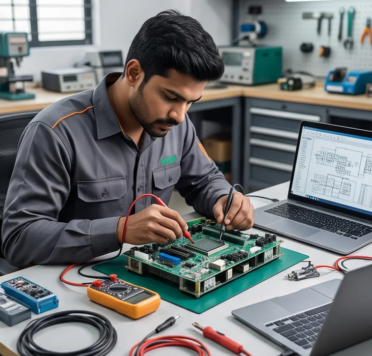 Technician checking the controller board and electrical signals of an automation system