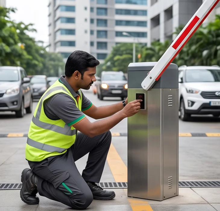 Technician inspecting a vehicle barrier safety sensor on site