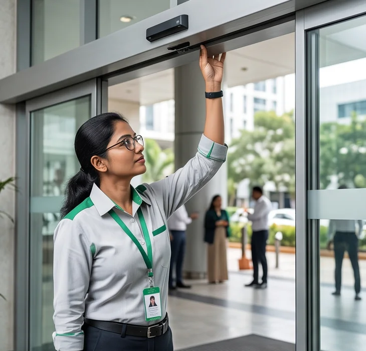 Engineer inspecting the overhead mechanism of a commercial automatic entrance