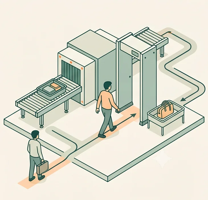 Illustrated baggage screening checkpoint layout