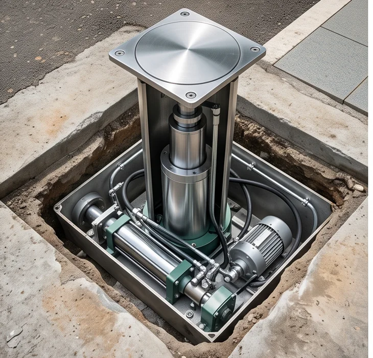 Hydraulic drive inside a retractable bollard pit