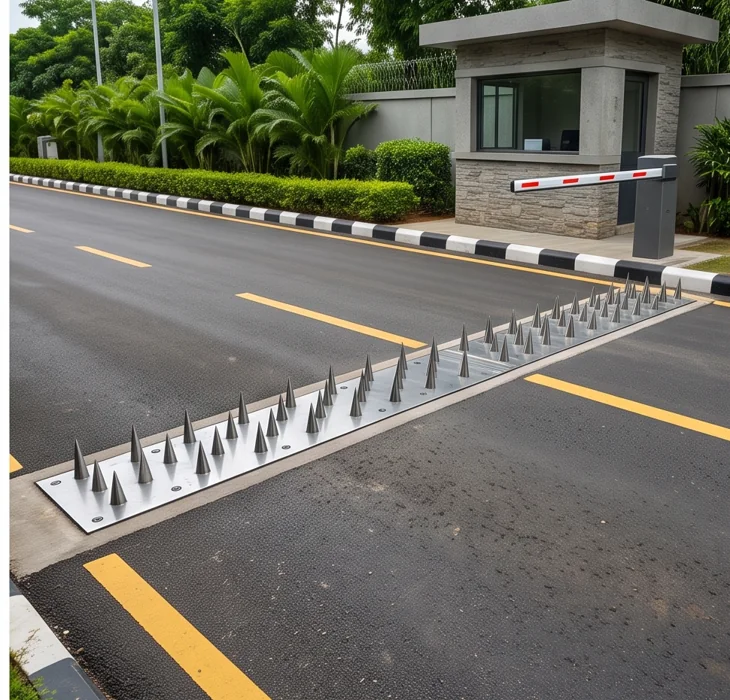 Tyre killer spike strip at a controlled vehicle lane
