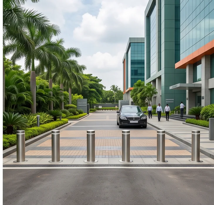 Retractable bollards securing a commercial office approach