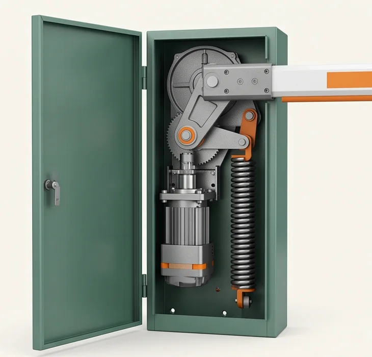 Boom barrier drive cabinet showing motor and spring