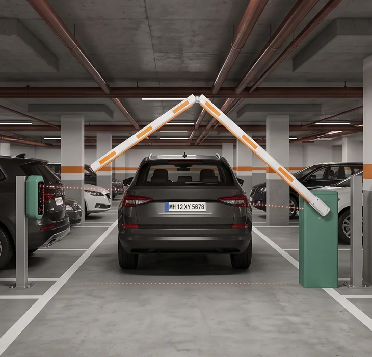 Folding barrier arm installed below a low ceiling
