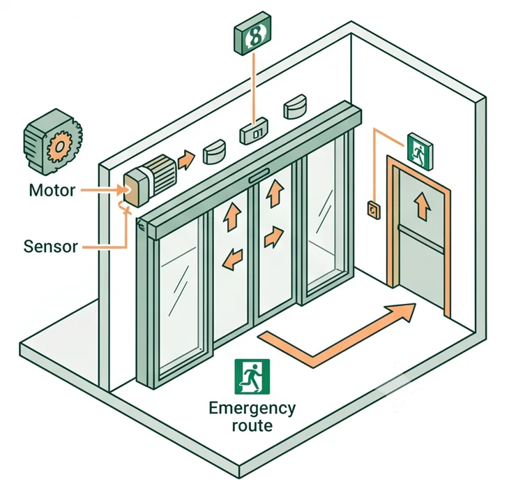Illustrated relationship between motor, door sensors and emergency route