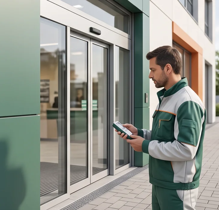 Technician testing approach detection at an automatic door