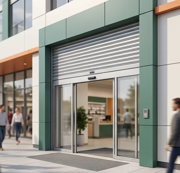 Automatic glass entrance and shutter at a commercial building