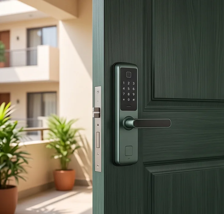 Electronic keypad lock on a residential entry door