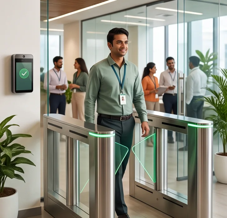 Employee entering a controlled turnstile after verification