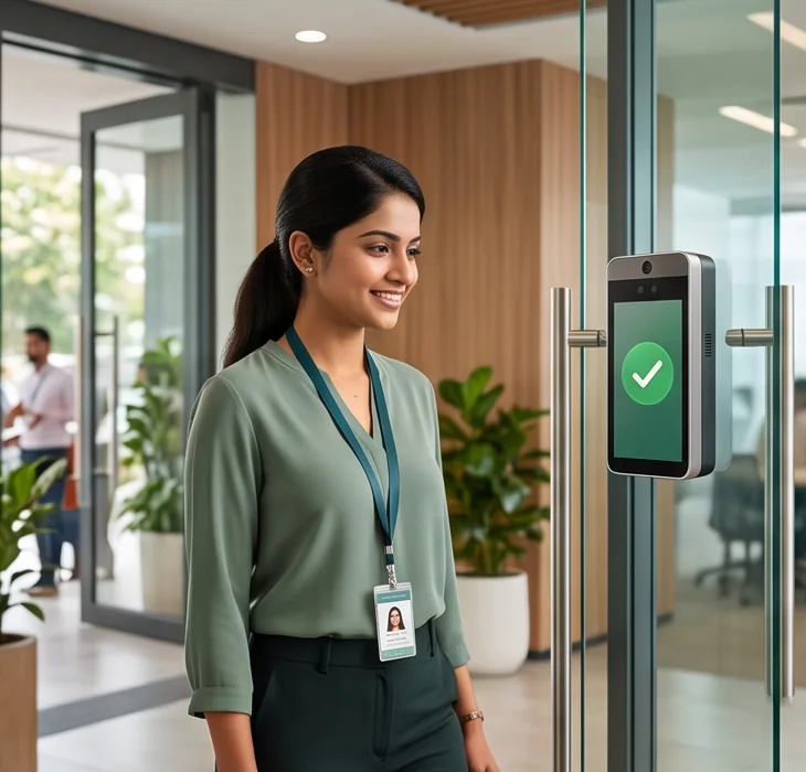 Employee using touch-free face access at an office entrance