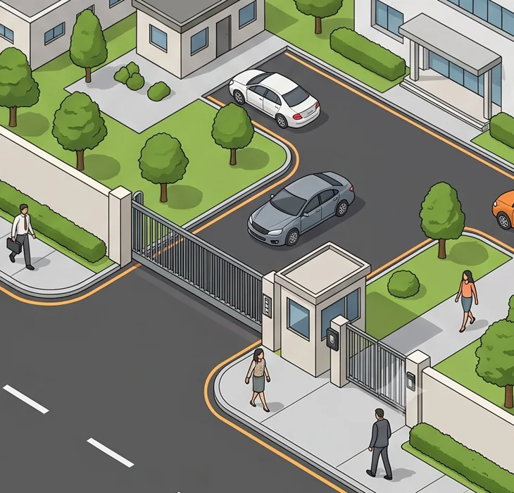 Illustrated vehicle gate and pedestrian route