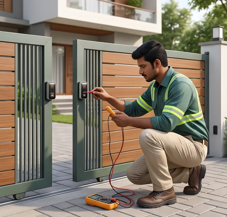 Technician inspecting a gate safety photocell