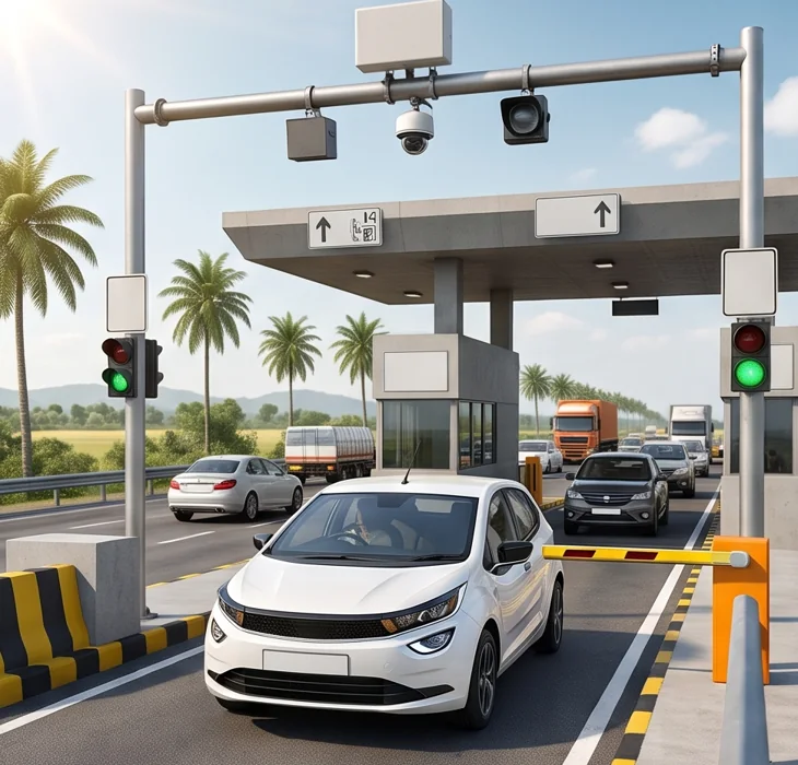Highway toll lane with reader and controlled barrier