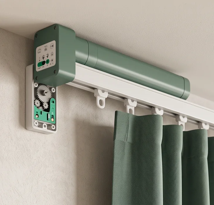 Curtain track motor at a window head