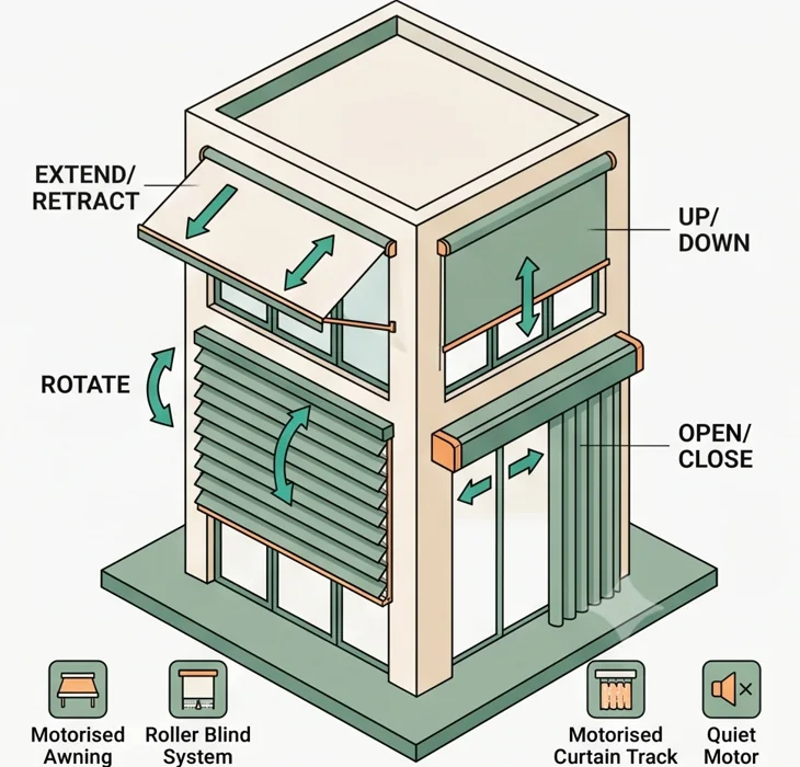Illustrated movements of awning, blind, louvre and curtain