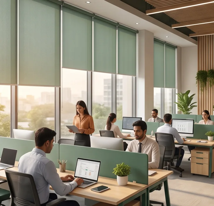 Motorised office roller blinds filtering daylight