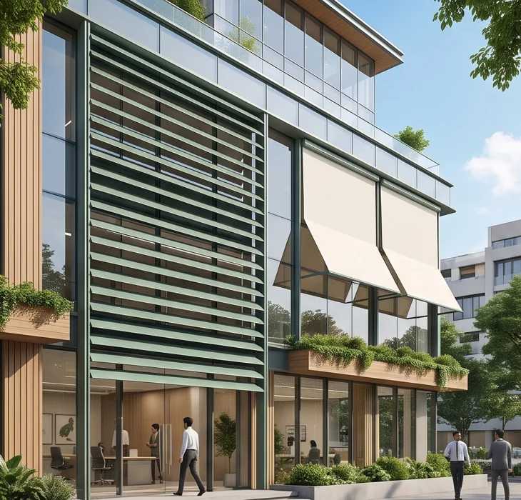 Motorised awnings and louvres on a modern office facade