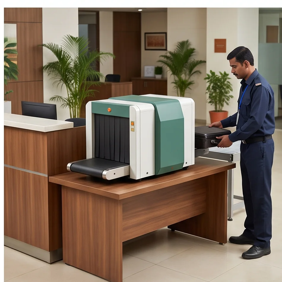 Compact baggage scanner at a staffed commercial checkpoint
