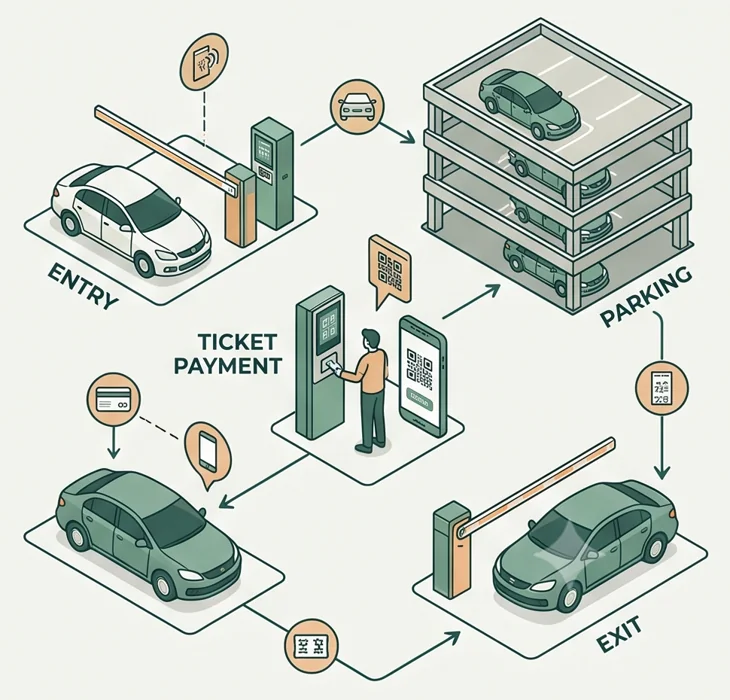 Diagram of the parking fee journey from entry to exit