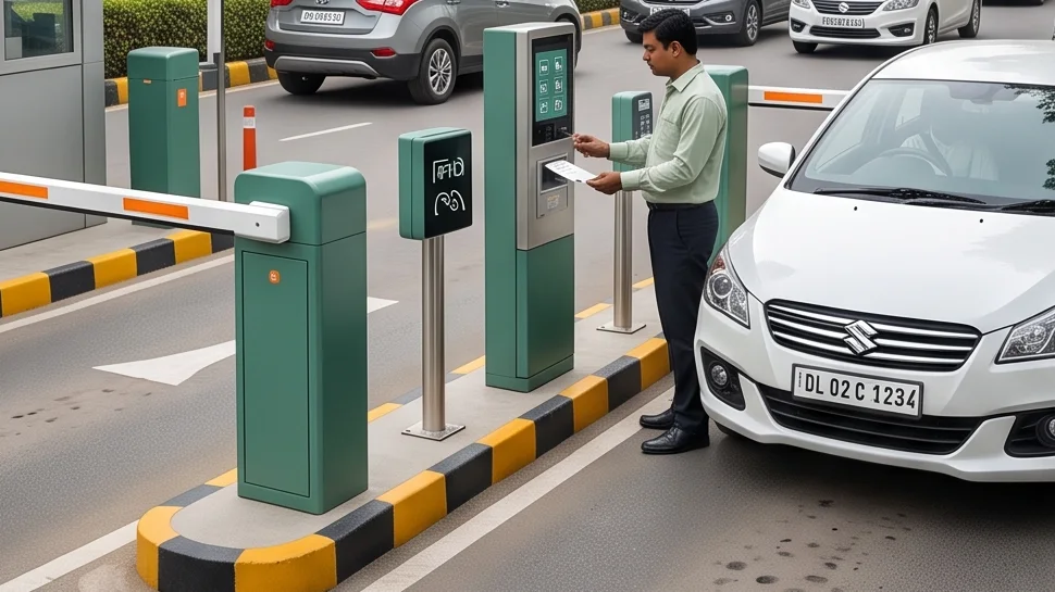 Parking fee lane with ticket kiosk and barrier