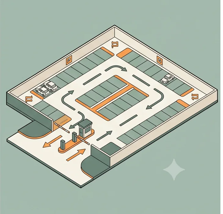 Illustrated parking entry and exit layout