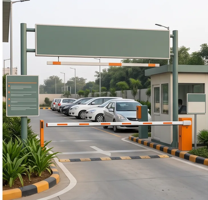 Parking entry with barrier and vehicle circulation