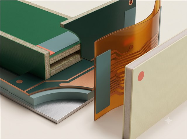 Close-up of four PCB material samples showing their different substrates and forms