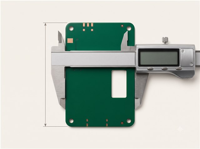 Caliper measuring the outer edges of a green PCB with an internal cut-out