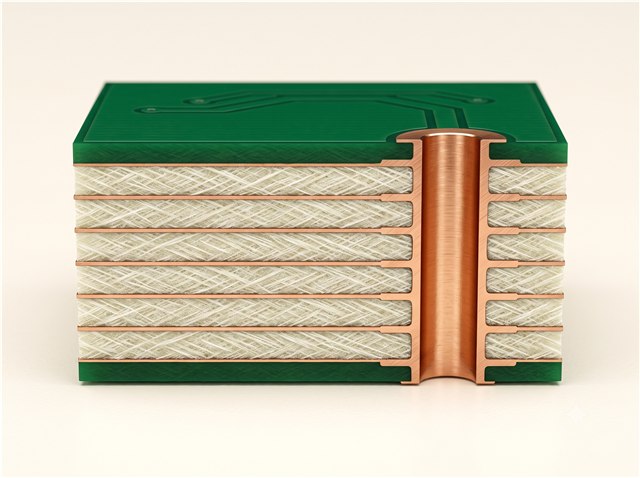 Macro cross-section of a multilayer PCB with thin copper foils and a plated via