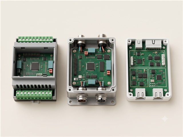 Three related PCB modules in industrial, rugged aluminium and clean white enclosures