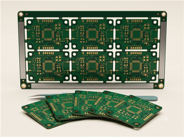 Fan of identical loose PCBs beside a manufacturing panel containing six circuits