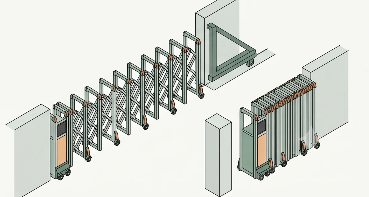 Illustrative retractable gate extended and stowed compactly