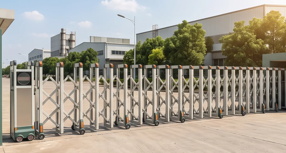 Illustrative motorised retractable gate across an industrial driveway